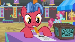 Size: 1920x1080 | Tagged: safe, screencap, biscuit, culinary art (g4), cup cake, earth pony, pony, g4, growing up is hard to do, background pony, female, male, mare, mouth hold, mr. food, pencil, stallion, unnamed character, unnamed pony