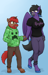 Size: 792x1216 | Tagged: safe, artist:captainzepto, oc, oc only, oc:ginger snap, oc:tech tonic, classical hippogriff, hippogriff, unicorn, anthro, unguligrade anthro, abstract background, clothes, creeper, duo, female, hippogriff oc, holding hands, hoodie, larger female, male, minecraft, muscles, muscular female, oc x oc, pants, shipping, shirt, size difference, smaller male, smiling, stallion, straight, t-shirt