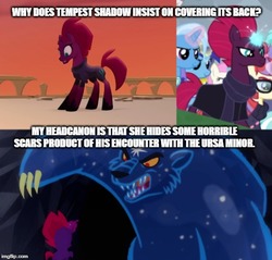 Size: 522x500 | Tagged: safe, edit, edited screencap, screencap, fizzlepop berrytwist, minuette, moondancer, tempest shadow, trixie, twinkleshine, bear, pony, unicorn, ursa, ursa minor, g4, my little pony: the movie, the ending of the end, broken horn, clothes, comic, female, filly, filly tempest shadow, glasses, glowing horn, grammar error, headcanon, horn, imminent pain, mare, meme, past, rearing, sad, scarf, smiling, snarling, text, younger