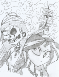 Size: 1953x2561 | Tagged: safe, sunset shimmer, oc, ghost, human, undead, equestria girls, g4, antagonist, cursed, fanfic art, fanfic fuel, geode of empathy, ghost pirate, ghost ship, magical geodes, pirate, skeletal, traditional art, villainess