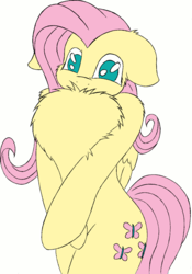 Size: 970x1385 | Tagged: safe, artist:rurihal, color edit, edit, fluttershy, pegasus, pony, semi-anthro, g4, arm hooves, bipedal, chest fluff, colored, cute, female, flat colors, floppy ears, fluffershy, folded wings, impossibly large chest fluff, pose, shyabetes, simple background, solo, wings