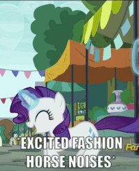 Size: 435x537 | Tagged: safe, edit, edited screencap, screencap, lucky breaks, pegasus olsen, peggy holstein, rarity, g4, the gift of the maud pie, animated, behaving like pinkie pie, caption, cropped, cute, excited, female, image macro, pronking, raribetes, solo focus, text