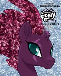 Size: 800x1000 | Tagged: safe, tempest shadow, pony, unicorn, g4, my little pony: the movie, broken horn, bust, colored pupils, female, glitter, glitter mane, glitter pony, horn, looking at you, mare, my little pony logo, portrait, smiling, smiling at you, solo