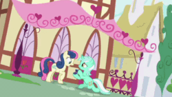 Size: 800x450 | Tagged: safe, screencap, blues, bon bon, lyra heartstrings, noteworthy, sweetie drops, earth pony, living apple, pegasus, pony, unicorn, g4, the big mac question, animated, apple, background characters doing background things, background pony, cropped, duo focus, female, food, gif, happy, it finally happened, it happened, lesbian, male, mare, marriage proposal, ring, running, scared, ship:lyrabon, shipping, stallion, wedding ring, will you marry me