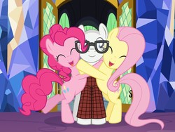 Size: 612x459 | Tagged: safe, artist:mlp-silver-quill, fluttershy, pinkie pie, pony, g4, cropped, hug, jim miller, ponified