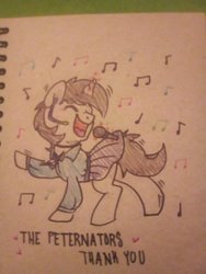 Size: 1536x2048 | Tagged: safe, artist:paperbagpony, oc, oc only, oc:heroic armour, pony, unicorn, blushing, clothes, crossdressing, cute, dancing, headset mic, male, microphone, miniskirt, music notes, singing, skirt, solo, stallion, text, traditional art