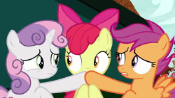 Size: 1920x1080 | Tagged: safe, screencap, apple bloom, scootaloo, sweetie belle, earth pony, pegasus, pony, unicorn, g4, the big mac question, animated, apple, apple bloom's bow, bipedal, bipedal leaning, bow, carrot, disgusted, female, filly, food, food stand, hair bow, hoof over mouth, leaning, leaning back, looking at someone, nose wrinkle, smiling, sound, webm, wings