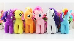 Size: 400x226 | Tagged: safe, applejack, fluttershy, pinkie pie, rainbow dash, rarity, twilight sparkle, pony, g4, collection, doll, female, irl, mane six, mare, multiple characters, photo, plushie, simple background, toy