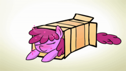 Size: 640x360 | Tagged: source needed, useless source url, safe, berry punch, berryshine, earth pony, pony, g4, animated, box, female, gif, mare, prone, sleeping, solo, stars