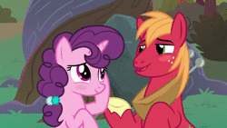 Size: 1920x1080 | Tagged: safe, screencap, big macintosh, sugar belle, earth pony, pony, unicorn, g4, the big mac question, animated, blushing, carving, cute, eeyup, engagement ring, female, freckles, holding hooves, jewelry, looking at each other, male, marriage proposal, necklace, ring, rock, ship:sugarmac, shipping, smiling, sound, stallion, straight, talking, webm, will you marry me