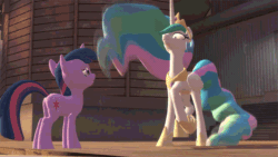 Size: 720x405 | Tagged: safe, artist:ezecoyote, princess celestia, twilight sparkle, alicorn, pony, unicorn, g4, 3d, animated, crown, excited, eye contact, female, gif, gmod, hoof shoes, jewelry, looking at each other, mare, peytral, regalia, trotting, trotting in place, worried, youtube link