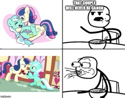 Size: 620x485 | Tagged: safe, artist:osaru_onsen, edit, edited screencap, screencap, bon bon, lyra heartstrings, sweetie drops, earth pony, pony, unicorn, g4, the big mac question, adorabon, blushing, canon ship, cereal guy, cute, engagement ring, eyes closed, female, heart, it finally happened, it happened, lesbian, lyrabetes, mare, marriage proposal, meme, open mouth, pixiv, ring, ship:lyrabon, shipping, smiling, spit take, text, wedding ring