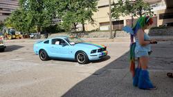 Size: 1280x720 | Tagged: dead source, safe, rainbow dash, human, bronycon, bronycon 2019, g4, car, clothes, cosplay, costume, ford, ford mustang, irl, irl human, photo