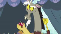 Size: 800x450 | Tagged: safe, screencap, discord, lily, lily valley, draconequus, living apple, g4, the big mac question, animated, apple, arms, bucket, chaos magic, food, food stand, gif, it's alive!, legs, magic, ponyville, smiling, teleportation
