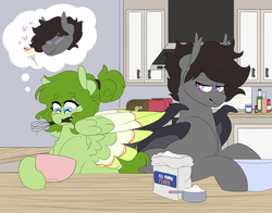 Size: 3000x2350 | Tagged: safe, artist:liefsong, oc, oc only, oc:lief, oc:windwalker, bat pony, hippogriff, baking, bat pony oc, blushing, cake, couple, cute, duo, flour, food, high res, hippogriff oc, shipping, whisk, windsong