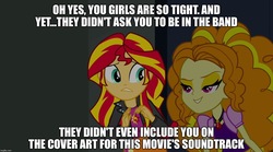 Size: 1280x714 | Tagged: safe, edit, edited screencap, screencap, adagio dazzle, sunset shimmer, equestria girls, g4, my little pony equestria girls: rainbow rocks, album, album cover, breaking the fourth wall, caption, clothes, dialogue, fourth wall, grin, image macro, jewelry, lidded eyes, necklace, smiling, soundtrack, taunting, text