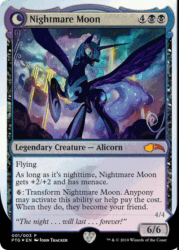 Size: 496x693 | Tagged: safe, artist:john thacker, edit, nightmare moon, princess luna, alicorn, pony, friendship is magic, g4, animated, card, cloud, cloudsdale, ethereal mane, full moon, gif, hoof shoes, magic the gathering, mare in the moon, moon, ponies the galloping, rainbow waterfall, raised hoof, s1 luna, solo, spread wings, starry mane, trading card, transformation, wings