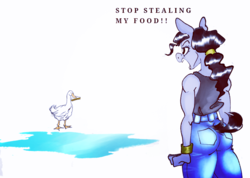 Size: 900x640 | Tagged: safe, artist:pantheracantus, oc, oc only, bird, goose, anthro, angry, clothes, female, jeans, pants, ponytail, simple background, untitled goose game, yelling