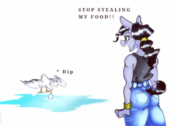 Size: 900x663 | Tagged: safe, artist:pantheracantus, oc, oc only, bird, goose, anthro, angry, clothes, female, jeans, pants, ponytail, simple background, untitled goose game, yelling