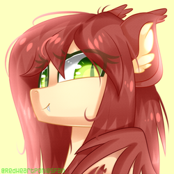 Size: 2000x2000 | Tagged: safe, artist:redheartponiesfan, oc, oc only, oc:airi, bat pony, pony, bat pony oc, bust, eye clipping through hair, female, high res, mare, portrait, simple background, slit pupils, solo, yellow background