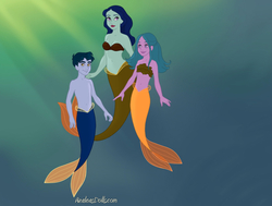 Size: 820x620 | Tagged: safe, artist:azaleasdolls, artist:pone 2.0, blue beauty, henry handle, manestrum, technicolor waves, merboy, mermaid, merman, g4, belly button, breasts, brother and sister, cleavage, clothes, crossover, family, female, male, mermaid maker, mermaidized, mermanized, midriff, mother, partial nudity, siblings, smiling, species swap, tail, the little mermaid, topless, underwater