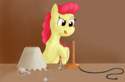 Size: 2653x1755 | Tagged: safe, artist:sixes&sevens, apple bloom, earth pony, pony, g4, alternate hairstyle, female, freckles, inktober, inktober 2019, lamp, lampshade, lightbulb, mare, repairing, screwdriver, tongue out, wires