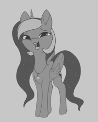 Size: 1346x1666 | Tagged: safe, artist:dusthiel, princess luna, alicorn, pony, g4, ethereal mane, female, grayscale, inktober, inktober 2019, jewelry, laughing, mare, monochrome, necklace, ring, simple background, solo, starry mane