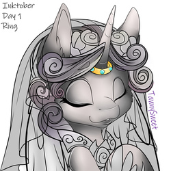 Size: 830x830 | Tagged: safe, artist:tawnysweet, oc, oc only, pony, bride, bust, clothes, dress, eyes closed, female, hoof shoes, horn, horn ring, inktober, inktober 2019, mare, ring, smiling, solo, wedding dress, wedding ring