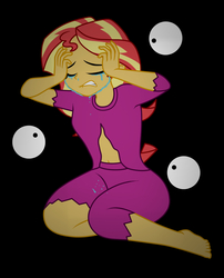 Size: 1700x2100 | Tagged: safe, artist:mashoart, sunset shimmer, human, equestria girls, g4, barefoot, black background, clothes, crying, eyes closed, feet, female, pajamas, simple background, solo, torn clothes