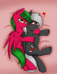 Size: 1400x1800 | Tagged: safe, artist:luriel maelstrom, oc, oc only, oc:luriel maelstrom, oc:melon specter, pony, bed, blushing, cuddling, heart, looking at you, signature, snuggling, spooning, spread wings, tongue out, wings