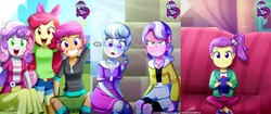 Size: 2435x1024 | Tagged: safe, artist:the-butch-x, editor:thomasfan45, apple bloom, diamond tiara, lily pad (g4), scootaloo, silver spoon, sweetie belle, human, equestria girls, g4, my little pony equestria girls: better together, ..., :c, >:c, adorabloom, angry, apple bloom's bow, background human, belt, big grin, bleachers, blue eyes, boots, bow, bracelet, butch's hello, clothes, collage, collarbone, confused, controller, couch, countdown, cross-popping veins, crossed legs, curtains, cute, cutealoo, cutie mark crusaders, description is relevant, diasweetes, duo, duo female, ear piercing, earring, equestria girls logo, female, football field, frown, glasses, grass, green eyes, grin, hair bow, jacket, jeans, jewelry, legs, living room, looking at you, necklace, open mouth, orange eyes, pants, piercing, ponytail, purple eyes, red face, shoes, shorts, sitting, skirt, smiling, trio, trio female, video game, wall of tags, waving