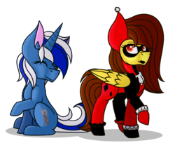 Size: 1288x1100 | Tagged: safe, artist:king-justin, oc, oc only, oc:golden lily, oc:zipper zest, pegasus, pony, unicorn, clothes, cosplay, costume, dc comics, eyes closed, female, harley quinn, mare, not minuette