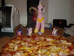 Size: 2560x1920 | Tagged: safe, artist:westrail642fan, princess cadance, princess flurry heart, alicorn, pony, g4, domino's pizza, food, ham, heater, irl, keyboard, meat, merchandise, peetzer, photo, pizza, ponies eating meat, router, that pony sure does love pizza