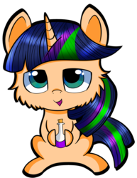 Size: 786x1017 | Tagged: safe, artist:rainbowtashie, oc, oc only, oc:heckfy improver, pony, unicorn, chibi, commission, cute, digital art, holding, hoof hold, looking at you, male, potion, simple background, sitting, solo, stallion, transparent background
