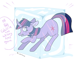 Size: 2500x2000 | Tagged: safe, artist:lowname, twilight sparkle, pony, unicorn, g4, bondage, curved horn, encasement, female, floppy ears, freeze spell, frozen, high res, horn, ice, ice cube, inktober, inktober 2019, magic, mare, solo, spell gone wrong, unicorn twilight