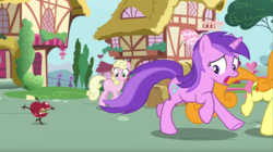 Size: 1680x941 | Tagged: safe, screencap, amethyst star, carrot top, golden harvest, millie, sparkler, earth pony, living apple, pony, unicorn, g4, the big mac question, apple, background pony, female, food, mare, running, scared, spread arms