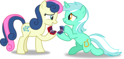 Size: 1370x650 | Tagged: safe, artist:frownfactory, bon bon, lyra heartstrings, sweetie drops, earth pony, pony, unicorn, g4, the big mac question, .svg available, canon ship, cutie mark, female, horn, kneeling, lesbian, mare, marriage proposal, ring, ship:lyrabon, shipping, simple background, svg, that was fast, transparent background, vector