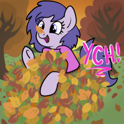 Size: 2100x2100 | Tagged: safe, artist:lannielona, pony, advertisement, autumn, clothes, commission, grass, happy, high res, leaf, leaf pile, leaves, scarf, sky, smiling, solo, tree, underhoof, your character here