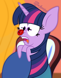 Size: 1400x1772 | Tagged: safe, artist:puperhamster, twilight sparkle, insect, ladybug, pony, g4, interseason shorts, starlight the hypnotist, bed, coccinellidaephobia, female, insect on nose, scared, solo, this will not end well, twilight hates ladybugs