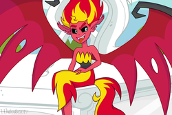 Size: 1500x1000 | Tagged: dead source, safe, artist:wubcakeva, sunset shimmer, equestria girls, g4, my little pony equestria girls, clothes, evil, female, open mouth, sitting, solo, sunset satan, tongue out