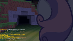 Size: 1026x577 | Tagged: safe, artist:jan, edit, sweetie belle, don't mine at night, g4, cave, chat, dialogue, haiku, implied button mash, implied kettle corn, implied rumble, implied terramar, minecraft, tempting fate, text