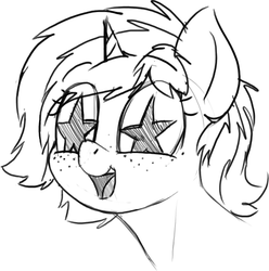 Size: 710x717 | Tagged: safe, artist:zippysqrl, oc, oc only, oc:sign, pony, unicorn, bust, cute, female, freckles, grayscale, mare, monochrome, open mouth, sketch, solo, starry eyes, stars, wingding eyes