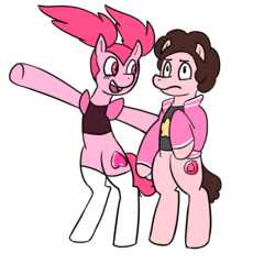 Size: 1800x1800 | Tagged: safe, artist:betlv, earth pony, pony, spoiler:steven universe, spoiler:steven universe: the movie, 2019, bipedal, brown hair, brown mane, clothes, colored, concerned, crossover, cutie mark, digital art, duo, duo male and female, female, flat colors, gem, heart, hilarious in hindsight, jacket, male, mare, meme, pink hair, pink mane, pointing, ponified, ponytail, ponytails, quartz, rose quartz (gemstone), shirt, short mane, short tail, simple background, socks, spinel, spinel (steven universe), spoilers for another series, stallion, standing, standing up, stars, steven quartz universe, steven universe, steven universe future, steven universe: the movie, stockings, thigh highs, transparent background, white socks, x x everywhere