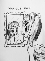 Size: 640x853 | Tagged: safe, artist:docwario, rainbow dash, pegasus, pony, g4, dashtober, female, mirror, monochrome, motivation, solo, traditional art, you've got this