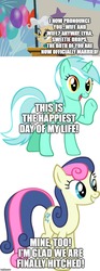 Size: 500x1346 | Tagged: safe, edit, edited screencap, screencap, bon bon, lyra heartstrings, mayor mare, sweetie drops, earth pony, pony, comic:the epilogue, g4, the last problem, comic, fanfic art, female, lesbian, marriage, screencap comic, ship:lyrabon, shipping, wedding