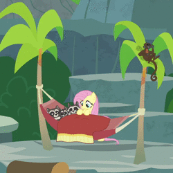 Size: 900x900 | Tagged: safe, screencap, apple bloom, fluttershy, monkey, pegasus, pony, raccoon, spider monkey, g4, the big mac question, animated, cropped, female, hammock, mare, palm tree, scared, screaming, sound, startled, tree, webm