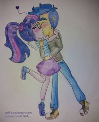 Size: 805x993 | Tagged: safe, artist:ro994, flash sentry, sci-twi, twilight sparkle, equestria girls, g4, my little pony equestria girls: better together, clothes, converse, eyes closed, female, glasses, heart, hoodie, kissing, legs, male, pants, ponytail, ship:flashlight, ship:sci-flash, shipping, shoes, skirt, sneakers, socks, straight, traditional art