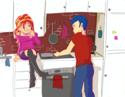 Size: 3300x2550 | Tagged: dead source, safe, artist:pettypop, flash sentry, sunset shimmer, equestria girls, g4, clothes, cooking, crossed legs, duo, female, high res, male, missing shoes, ship:flashimmer, shipping, sitting, stockings, story included, straight, thigh highs