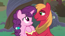 Size: 1920x1080 | Tagged: safe, screencap, big macintosh, sugar belle, earth pony, pony, unicorn, g4, the big mac question, animated, apple, apple tree, cute, female, food, holding hooves, intertwined trees, looking at each other, loop, macabetes, male, mare, marriage proposal, pear tree, sound, stallion, sugarbetes, tree, webm, will you marry me