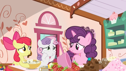 Size: 1920x1080 | Tagged: safe, screencap, apple bloom, sugar belle, sweetie belle, earth pony, pony, unicorn, g4, the big mac question, bowl, cheek squish, chocolate, discovery family logo, female, filly, food, hooves on cheeks, mare, note, pot, smiling, spoon, squishy cheeks, strawberry, sugarcube corner